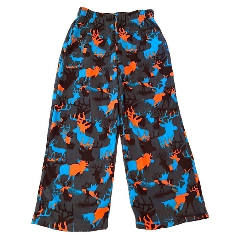 Cherokee Youth Small 6-7 Orange Blue Grey Fleece PJ Moose Pajama Sleep Pants